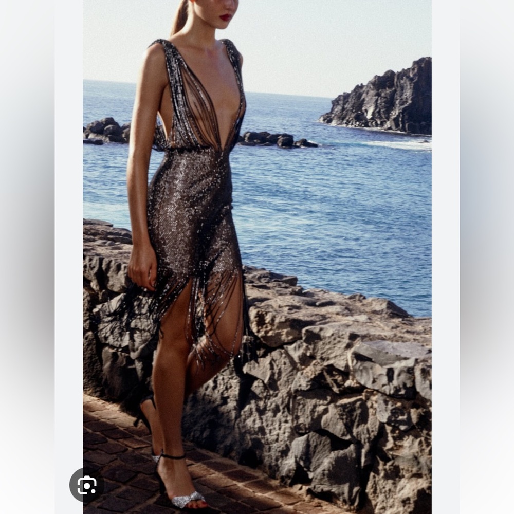 ZARA NEW WOMAN JEWEL WATERFALL DRESS WITH RHINESTONES SILVER 1285/201 280/020